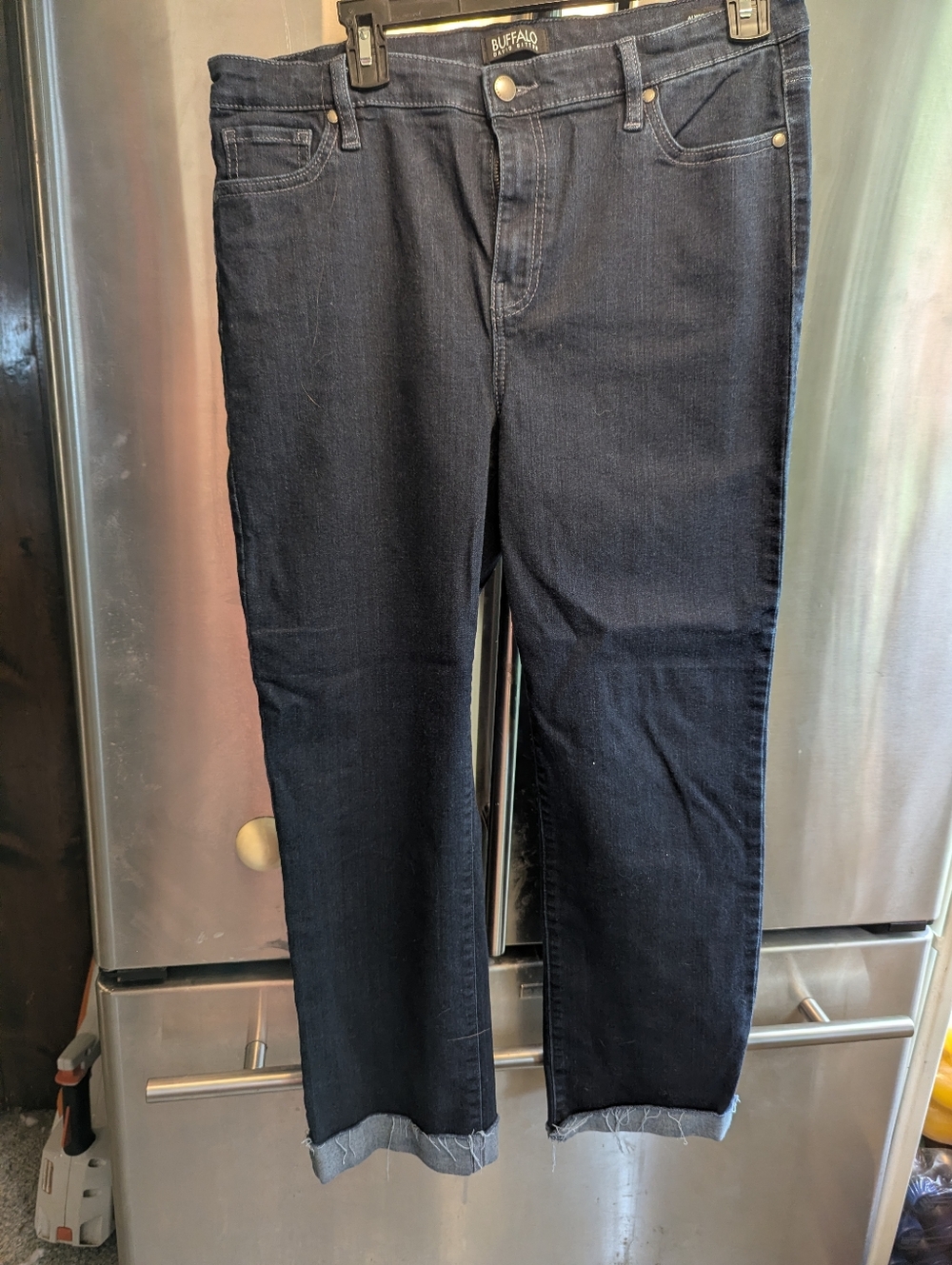 Buffalo David Britton Alyssa Crop High Rise Straight Leg Dark Wash Raw Hem 12/32